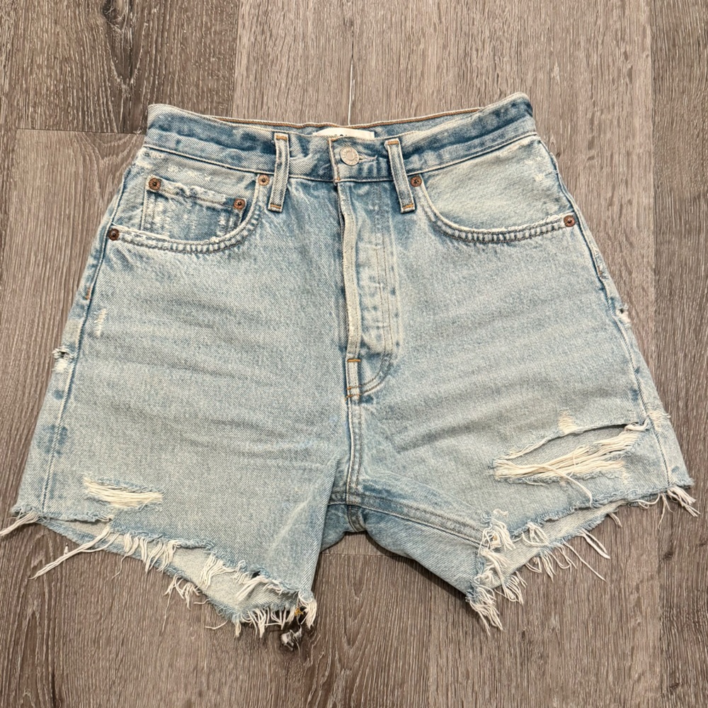 AGOLDE Riley High Rise Denim Shorts Light Wash Distressed Size 25